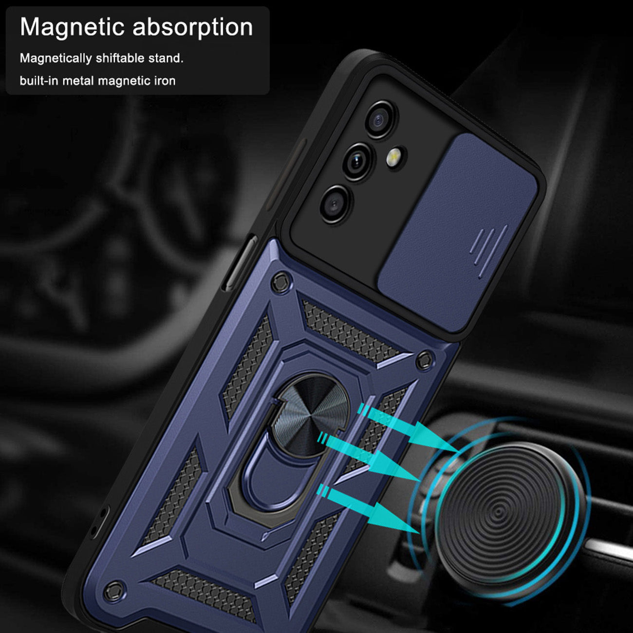 Kickstand Ring Holder with Slide Camera Cover TPU Magnetic Car Mount for GALAXY A14 5G In Blue