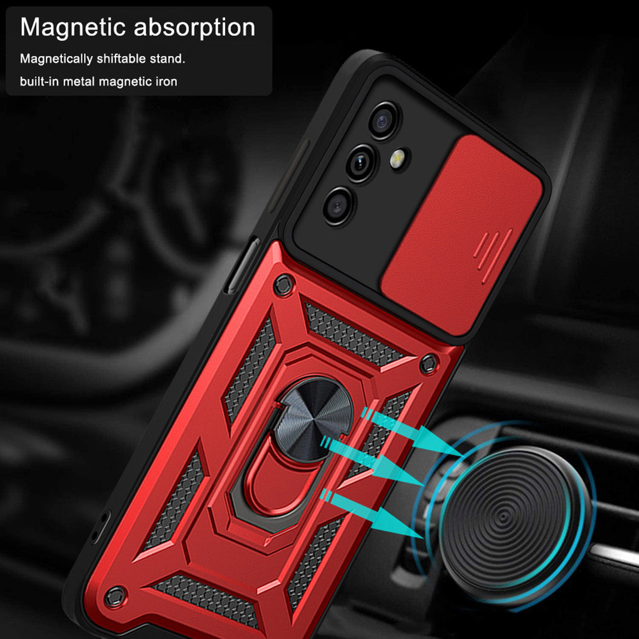 Kickstand Ring Holder with Slide Camera Cover TPU Magnetic Car Mount for GALAXY A14 5G In Red