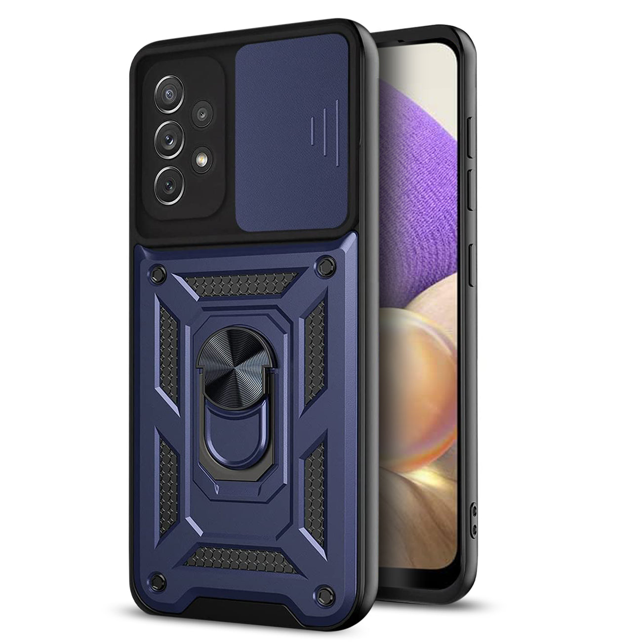 Kickstand Ring Holder with Slide Camera Cover TPU Shockproof Case and Magnetic Car Mount for SAMSUNG GALAXY A32 5G In Blue
