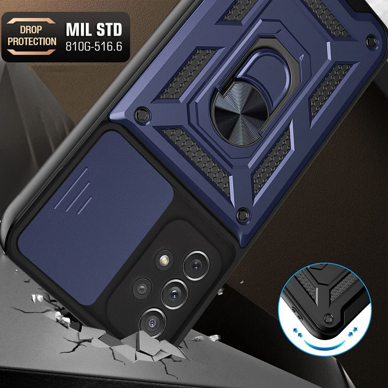 Kickstand Ring Holder with Slide Camera Cover TPU Shockproof Case and Magnetic Car Mount for SAMSUNG GALAXY A32 5G In Blue