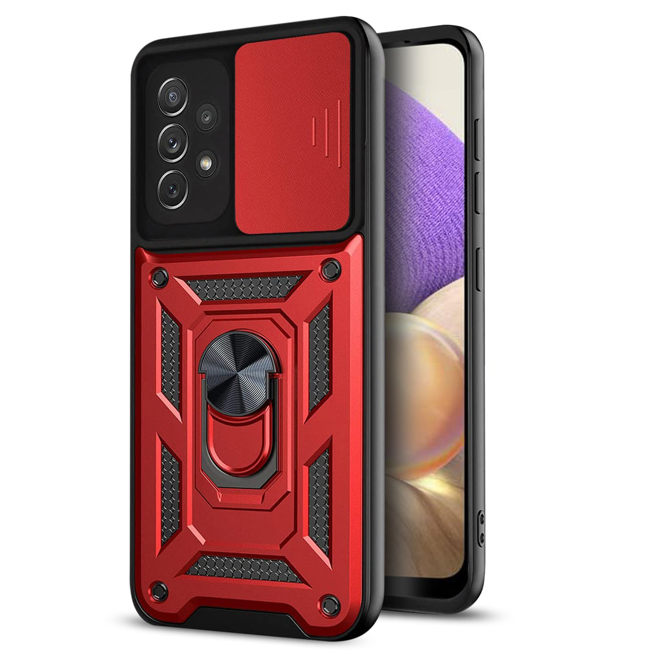 Kickstand Ring Holder with Slide Camera Cover TPU Shockproof Case and Magnetic Car Mount for SAMSUNG GALAXY A32 5G In Red