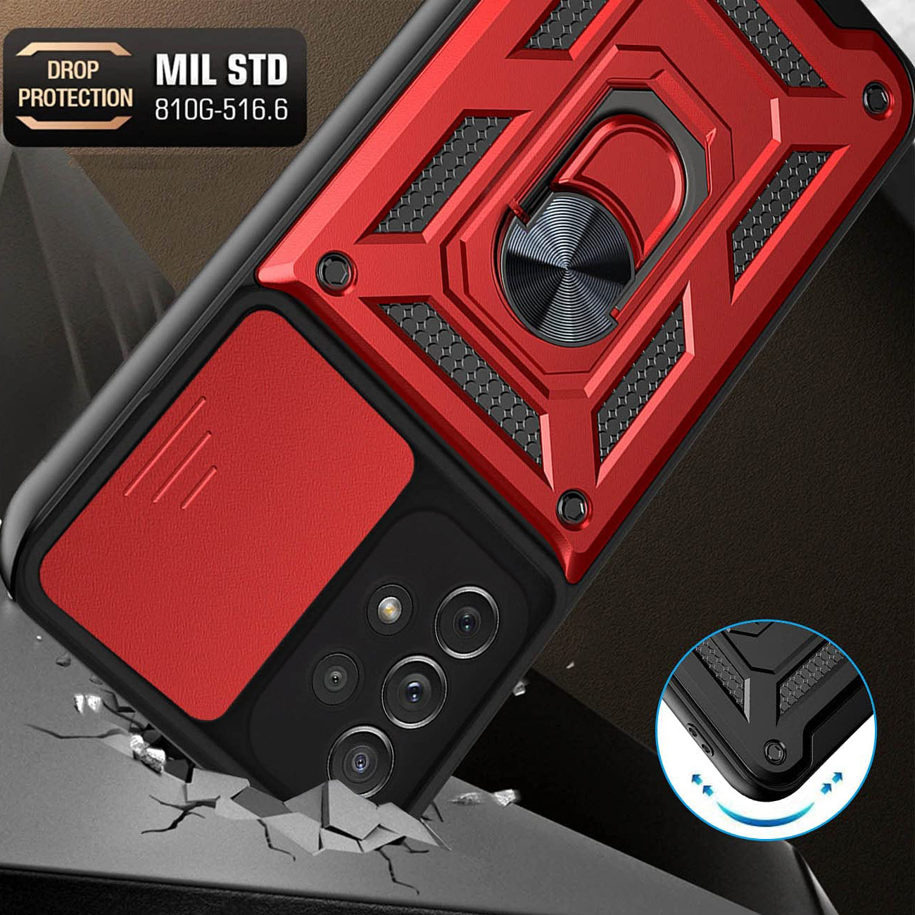 Kickstand Ring Holder with Slide Camera Cover TPU Shockproof Case and Magnetic Car Mount for SAMSUNG GALAXY A32 5G In Red