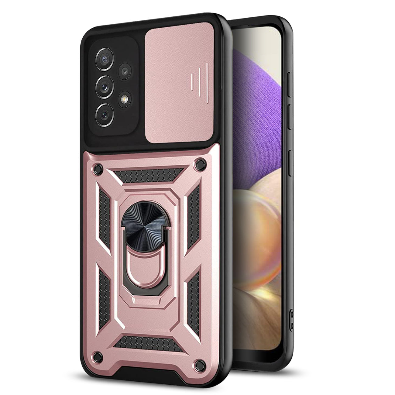 Kickstand Ring Holder with Slide Camera Cover TPU Shockproof Case and Magnetic Car Mount for SAMSUNG GALAXY A32 5G In Rose Gold