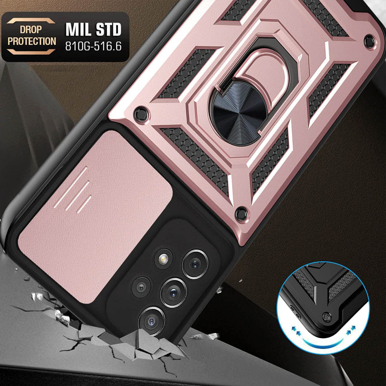 Kickstand Ring Holder with Slide Camera Cover TPU Shockproof Case and Magnetic Car Mount for SAMSUNG GALAXY A32 5G In Rose Gold
