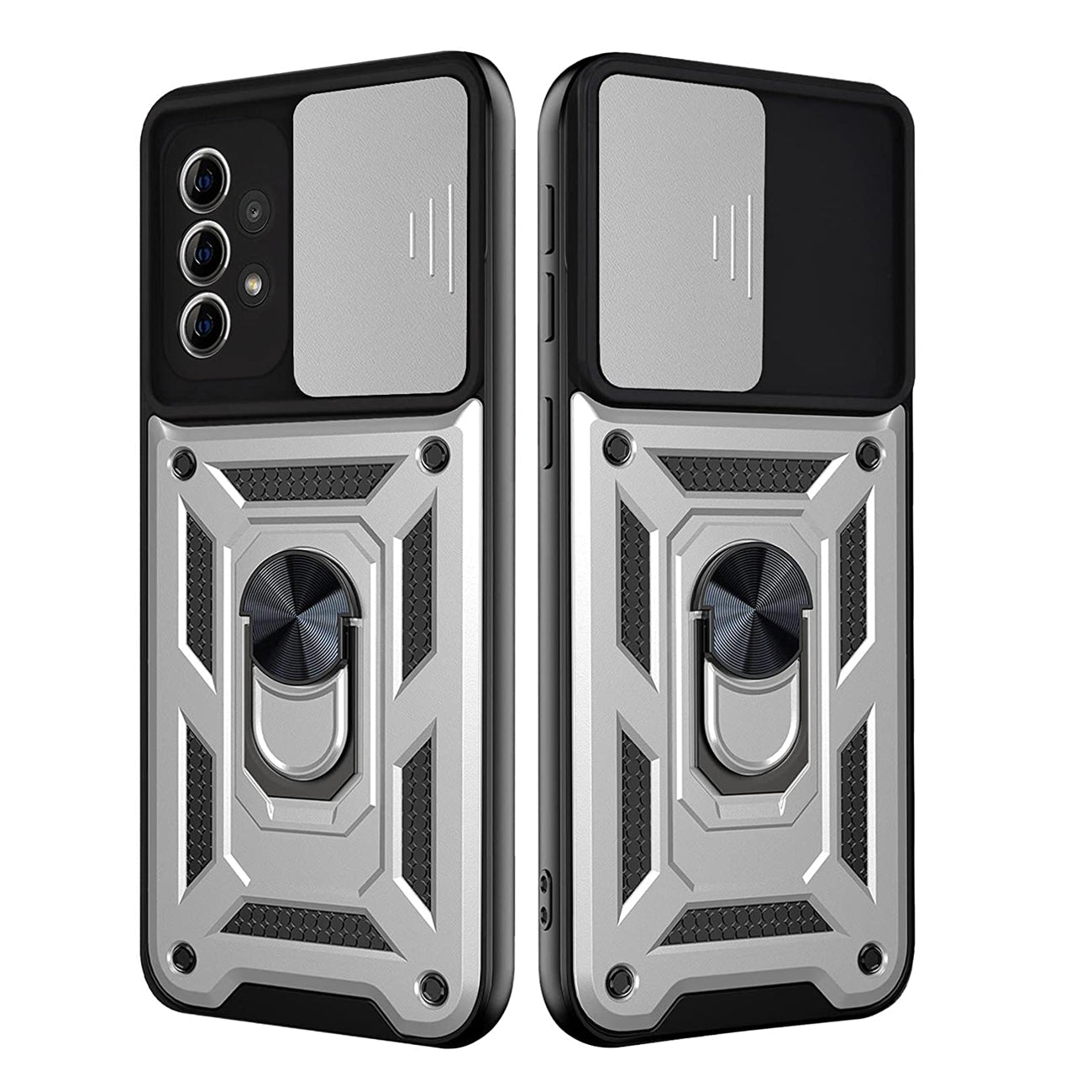 Kickstand Ring Holder with Slide Camera Cover TPU Shockproof Case and Magnetic Car Mount for SAMSUNG GALAXY A32 5G In Silver