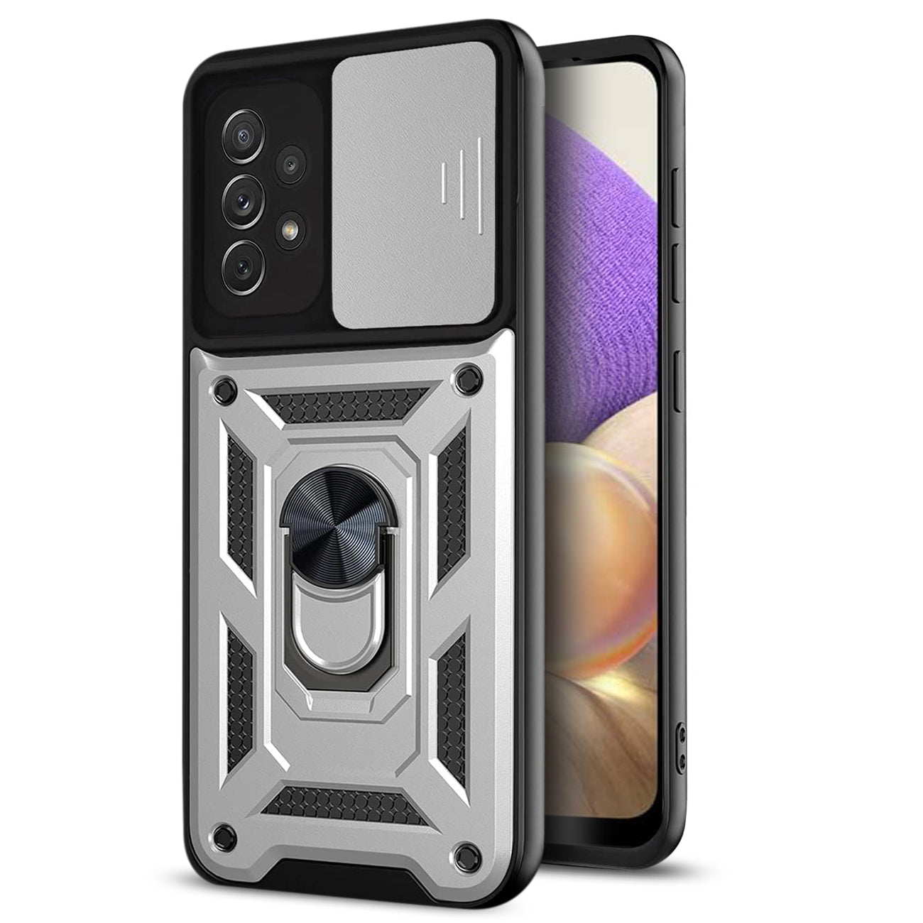 Kickstand Ring Holder with Slide Camera Cover TPU Shockproof Case and Magnetic Car Mount for SAMSUNG GALAXY A32 5G In Silver