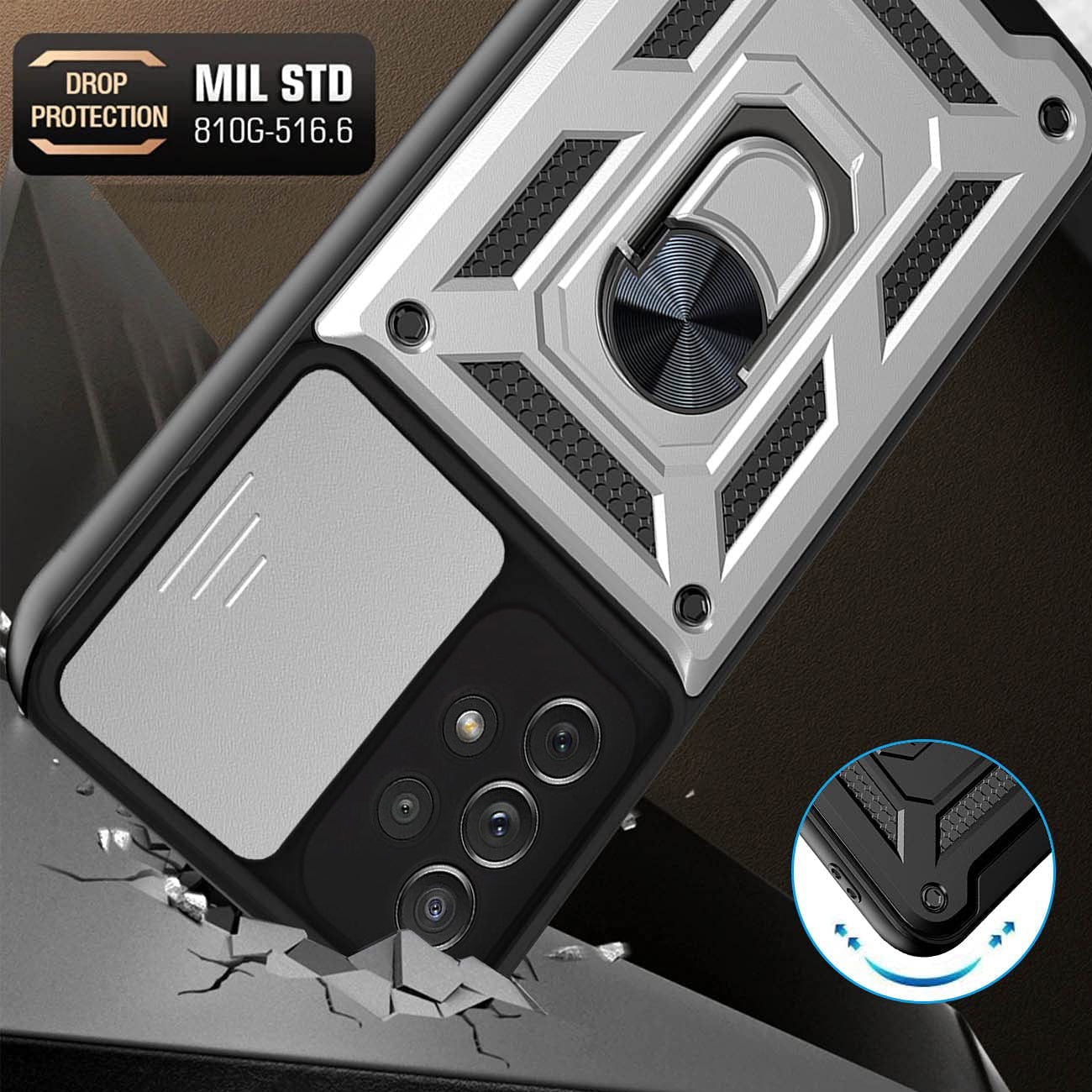 Kickstand Ring Holder with Slide Camera Cover TPU Shockproof Case and Magnetic Car Mount for SAMSUNG GALAXY A32 5G In Silver