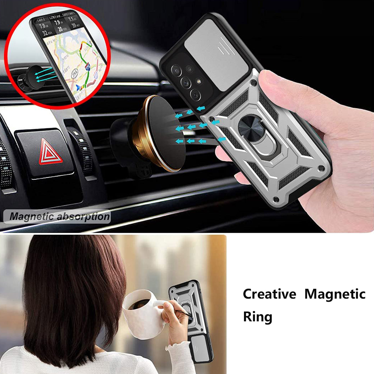 Kickstand Ring Holder with Slide Camera Cover TPU Shockproof Case and Magnetic Car Mount for SAMSUNG GALAXY A32 5G In Silver