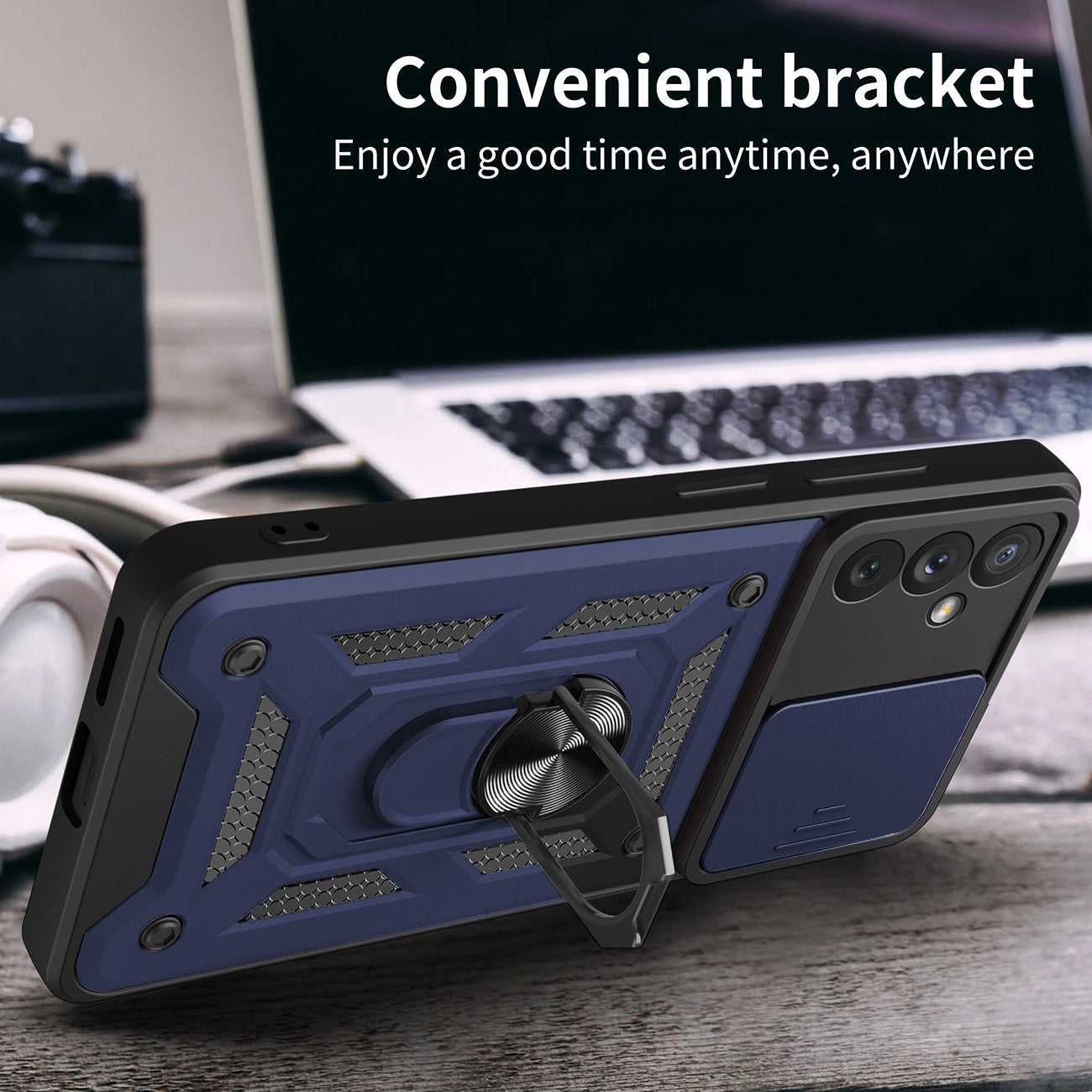 Kickstand Ring Holder with Slide Camera Cover TPU Magnetic Car Mount for GALAXY A34 5G In Blue