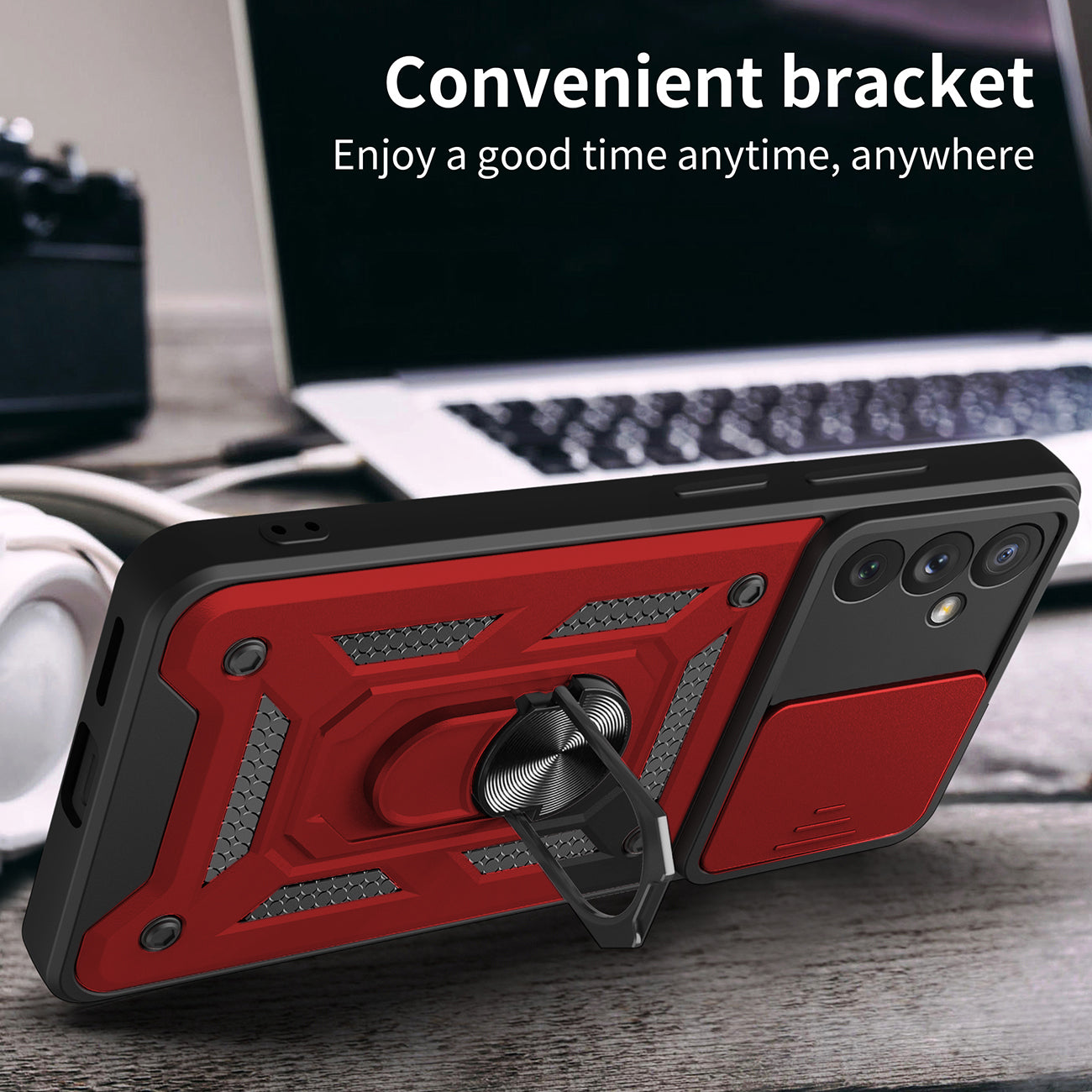 Kickstand Ring Holder with Slide Camera Cover TPU Magnetic Car Mount for GALAXY A34 5G In Red