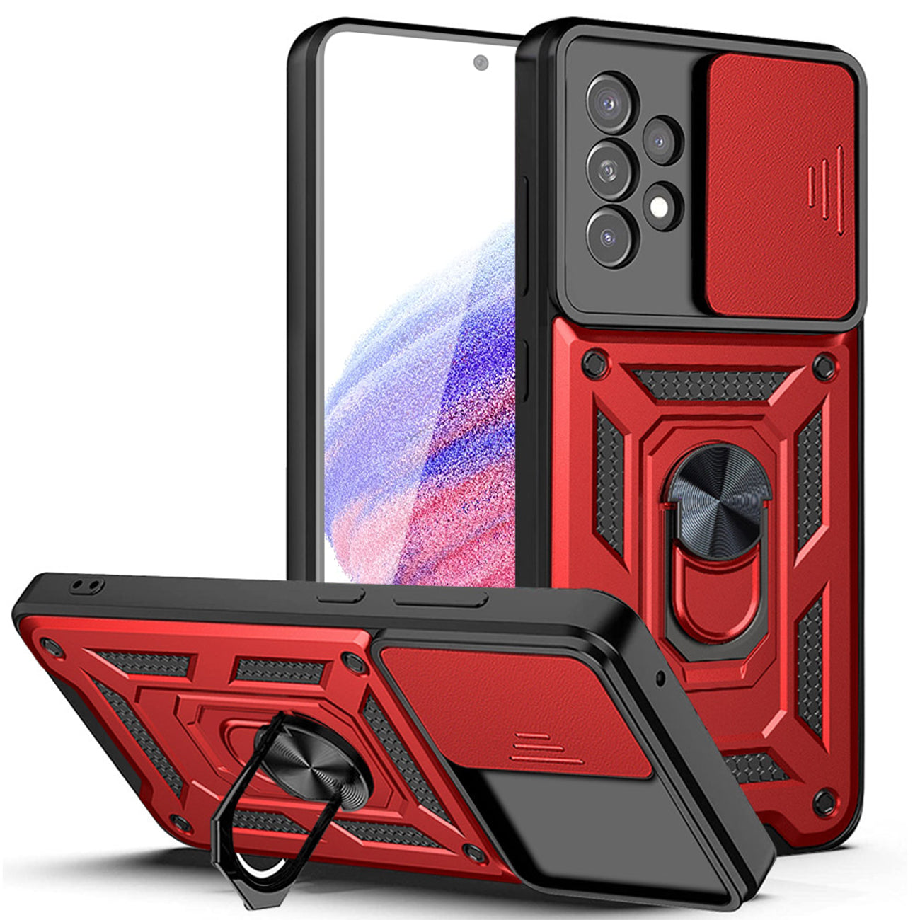 Kickstand Ring Holder with Slide Camera Cover TPU Magnetic Car Mount for GALAXY A53 5G In Red