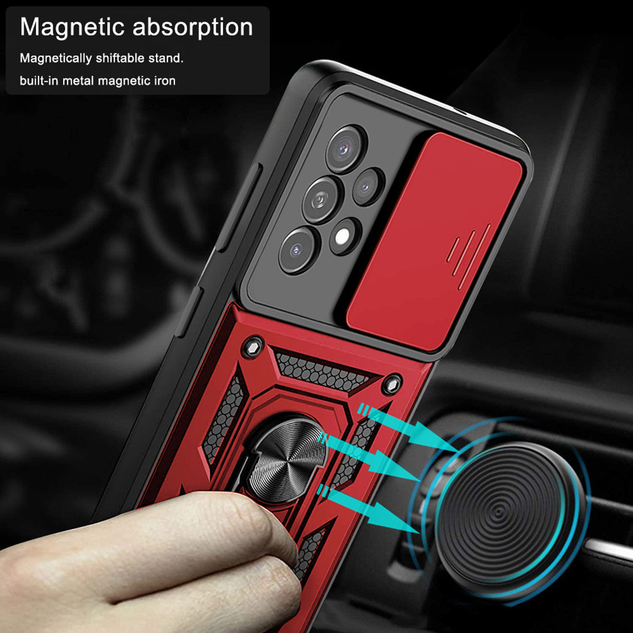 Kickstand Ring Holder with Slide Camera Cover TPU Magnetic Car Mount for GALAXY A53 5G In Red