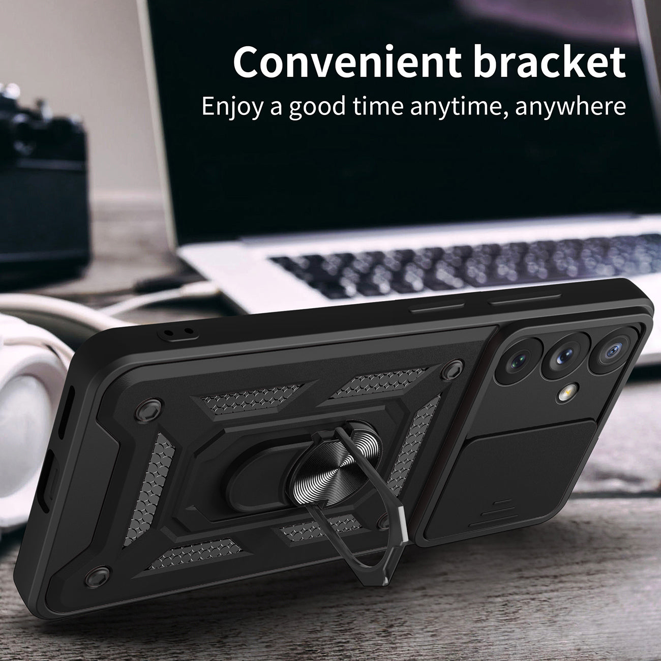 Kickstand Ring Holder with Slide Camera Cover TPU Magnetic Car Mount for GALAXY A54 5G In Black