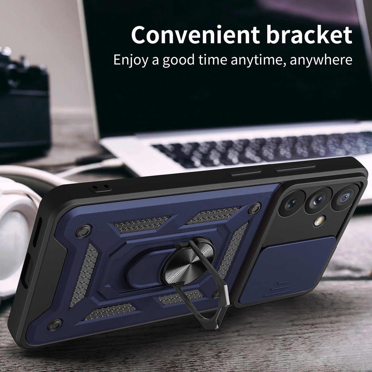 Kickstand Ring Holder with Slide Camera Cover TPU Magnetic Car Mount for GALAXY A54 5G In Blue