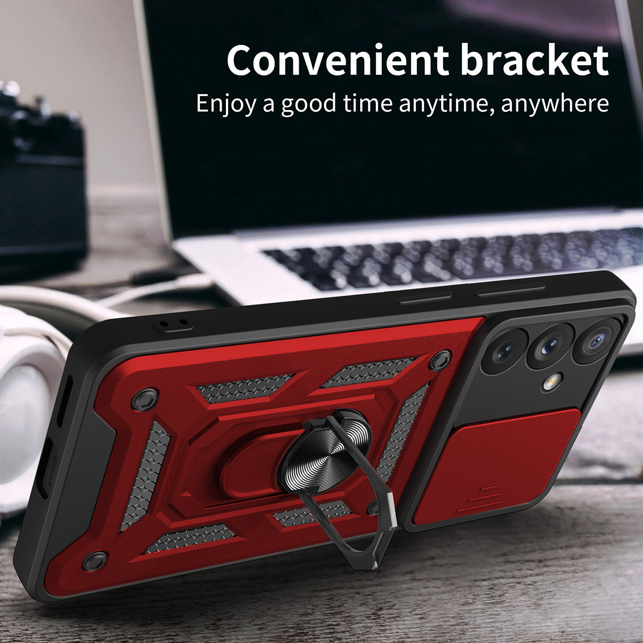 Kickstand Ring Holder with Slide Camera Cover TPU Magnetic Car Mount for GALAXY A54 5G In Red