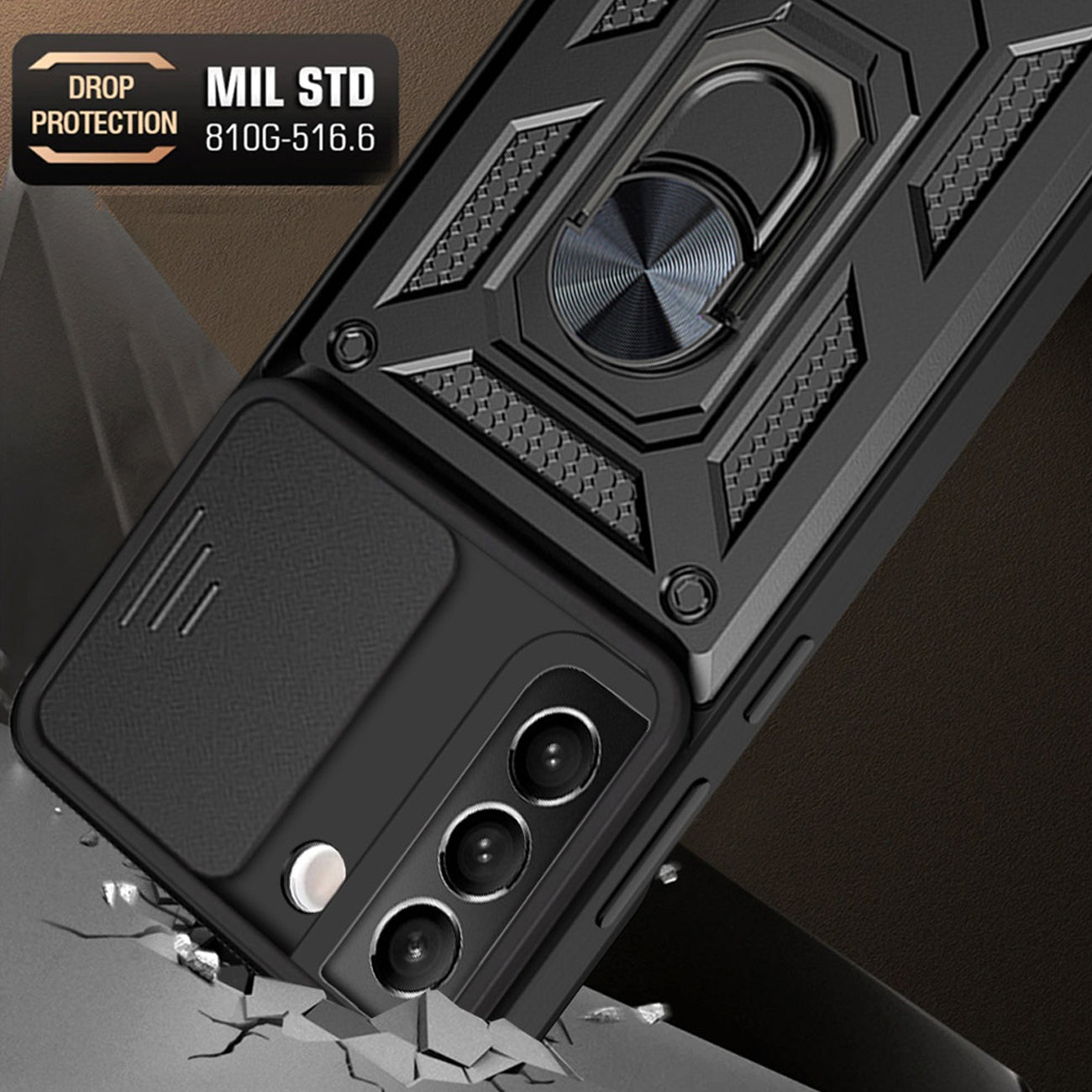 Kickstand Ring Holder & Slide Camera Cover Magnetic Car Mount for SAMSUNG GALAXY S22 In Black