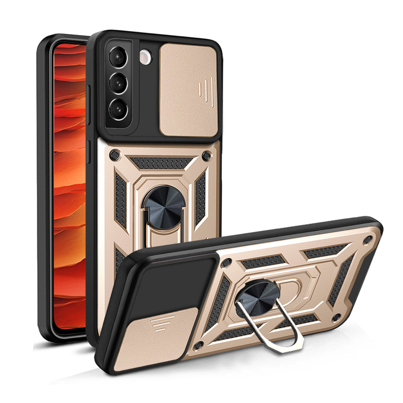 Kickstand Ring Holder & Slide Camera Cover Magnetic Car Mount for SAMSUNG GALAXY S22 In Gold