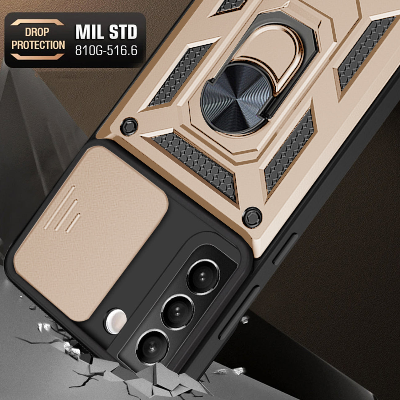 Kickstand Ring Holder & Slide Camera Cover Magnetic Car Mount for SAMSUNG GALAXY S22 In Gold