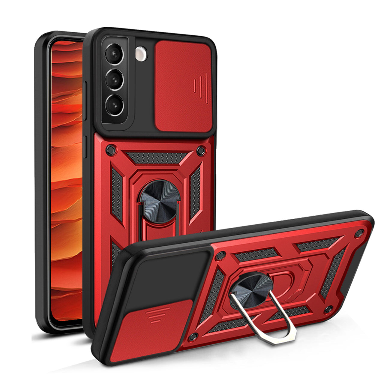 Kickstand Ring Holder & Slide Camera Cover Magnetic Car Mount for SAMSUNG GALAXY S22 In Red