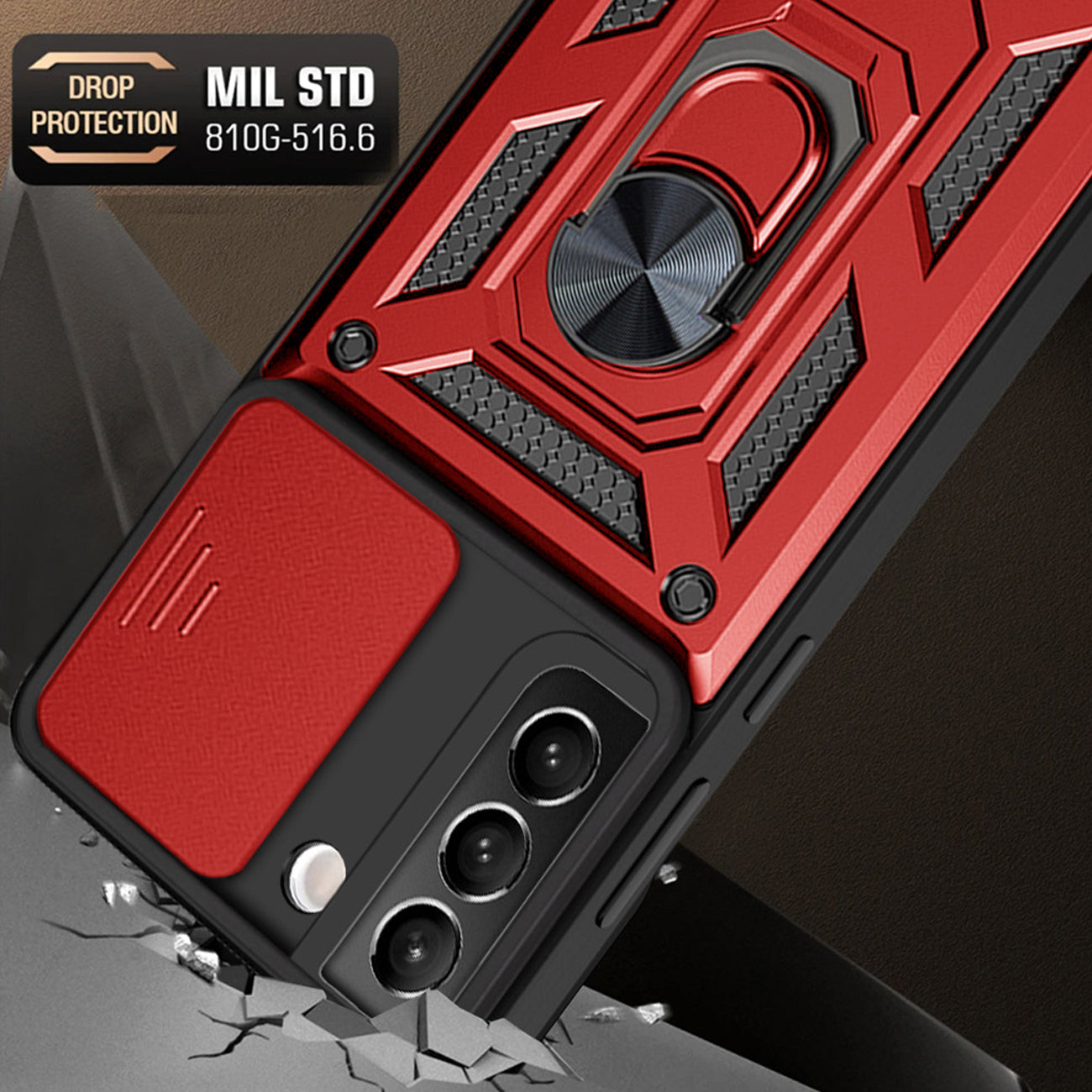 Kickstand Ring Holder & Slide Camera Cover Magnetic Car Mount for SAMSUNG GALAXY S22 In Red