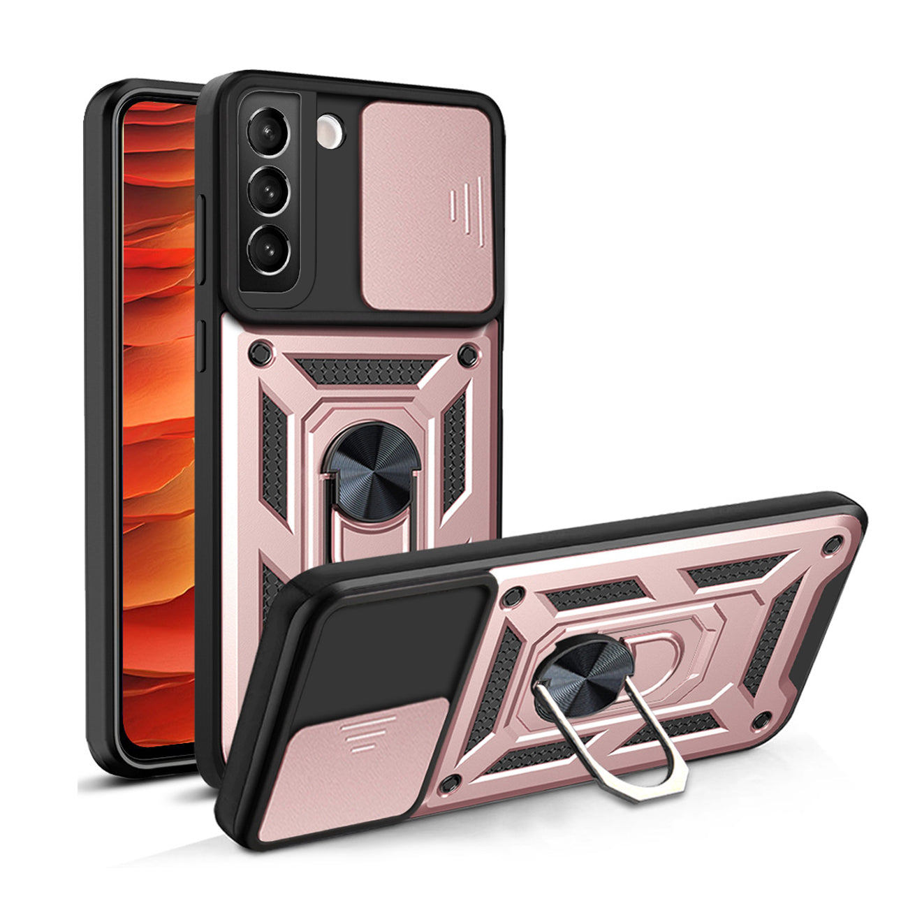 Kickstand Ring Holder & Slide Camera Cover Magnetic Car Mount for SAMSUNG GALAXY S22 In Rose Gold
