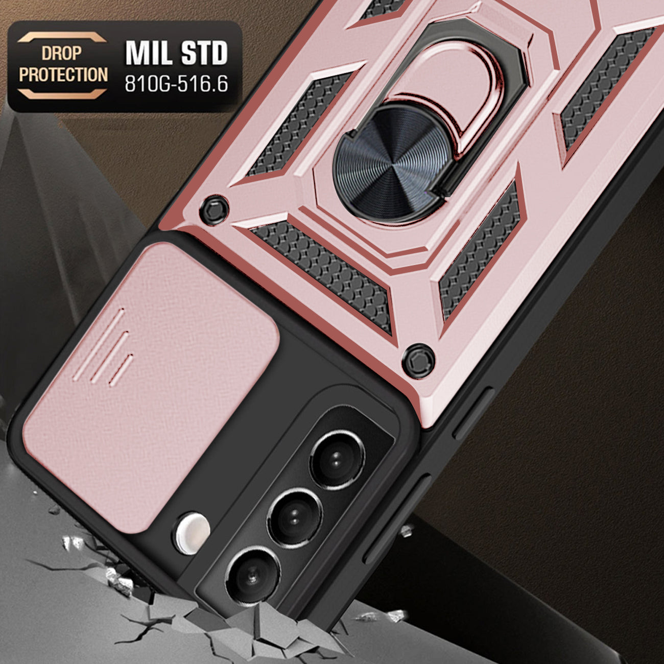 Kickstand Ring Holder & Slide Camera Cover Magnetic Car Mount for SAMSUNG GALAXY S22 In Rose Gold