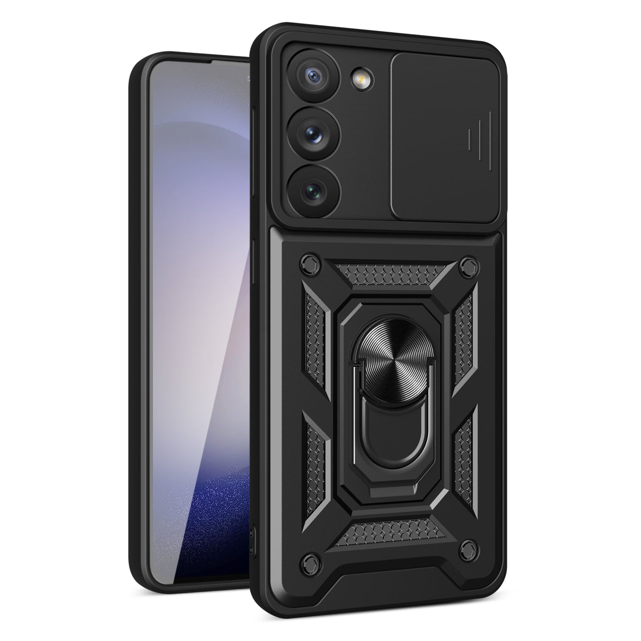 Kickstand Ring Holder with Slide Camera Cover TPU Magnetic Car Mount for GALAXY S23 PLUS In Black