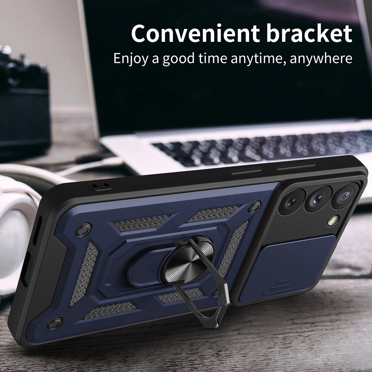 Kickstand Ring Holder with Slide Camera Cover TPU Magnetic Car Mount for GALAXY S23 PLUS In Blue