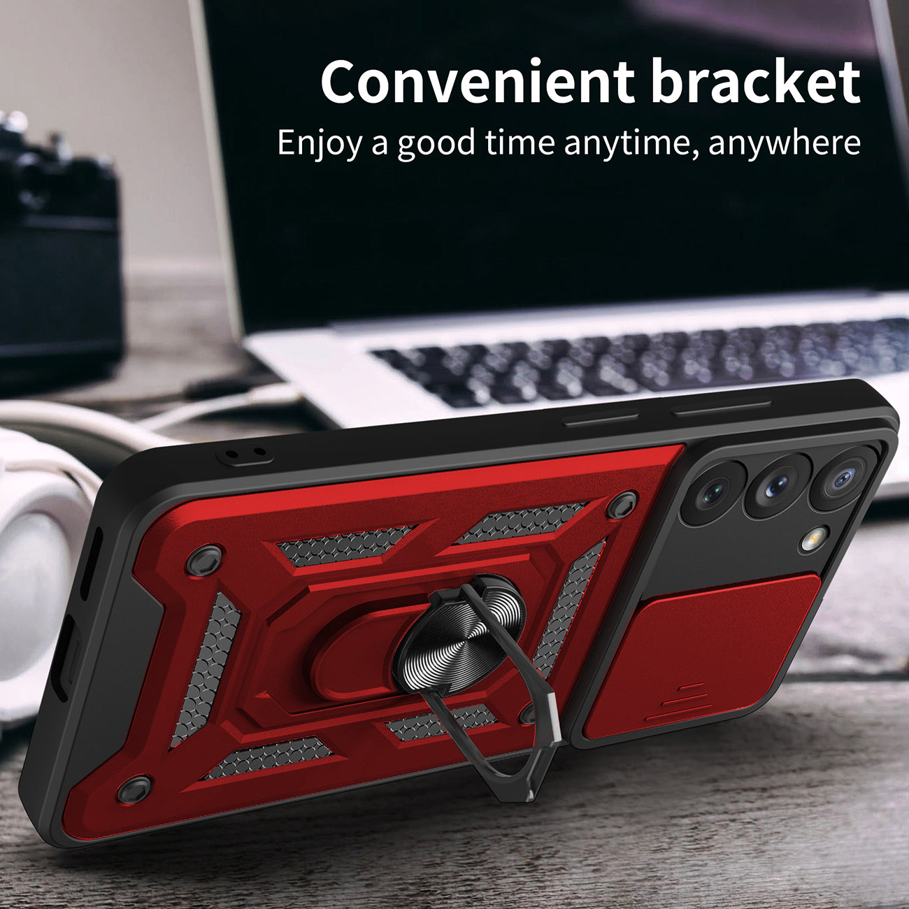 Kickstand Ring Holder with Slide Camera Cover TPU Magnetic Car Mount for GALAXY S23 PLUS In Red