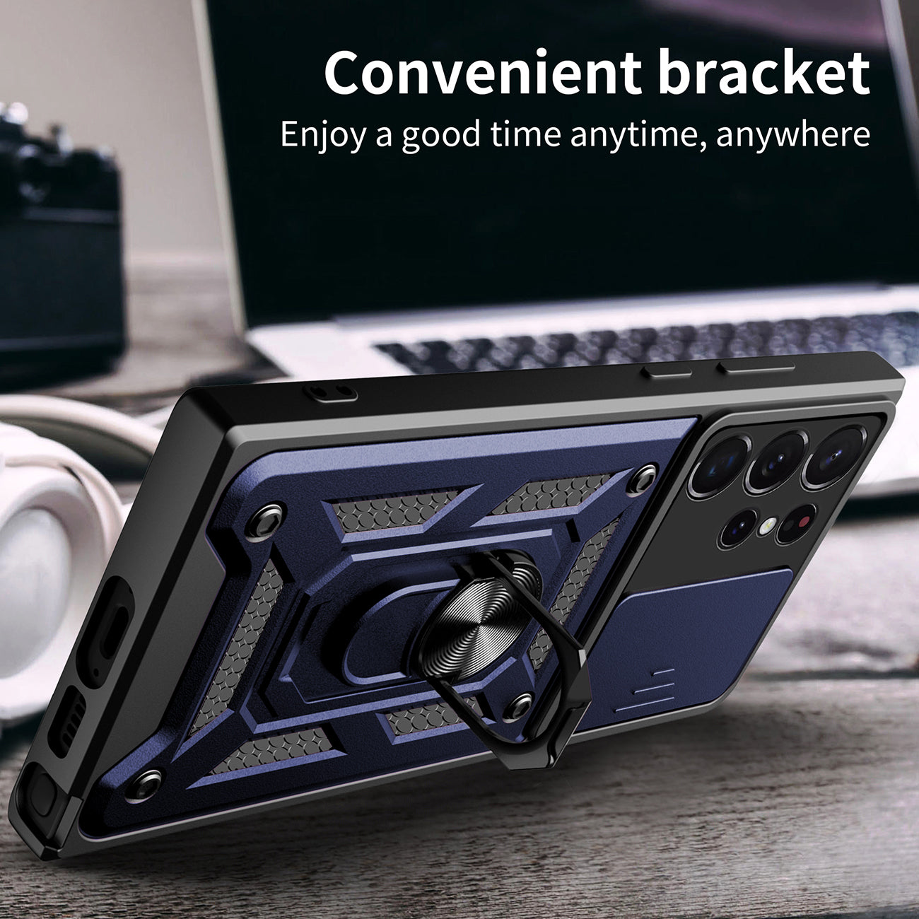Kickstand Ring Holder with Slide Camera Cover TPU Magnetic Car Mount for GALAXY S23 ULTRA In Blue
