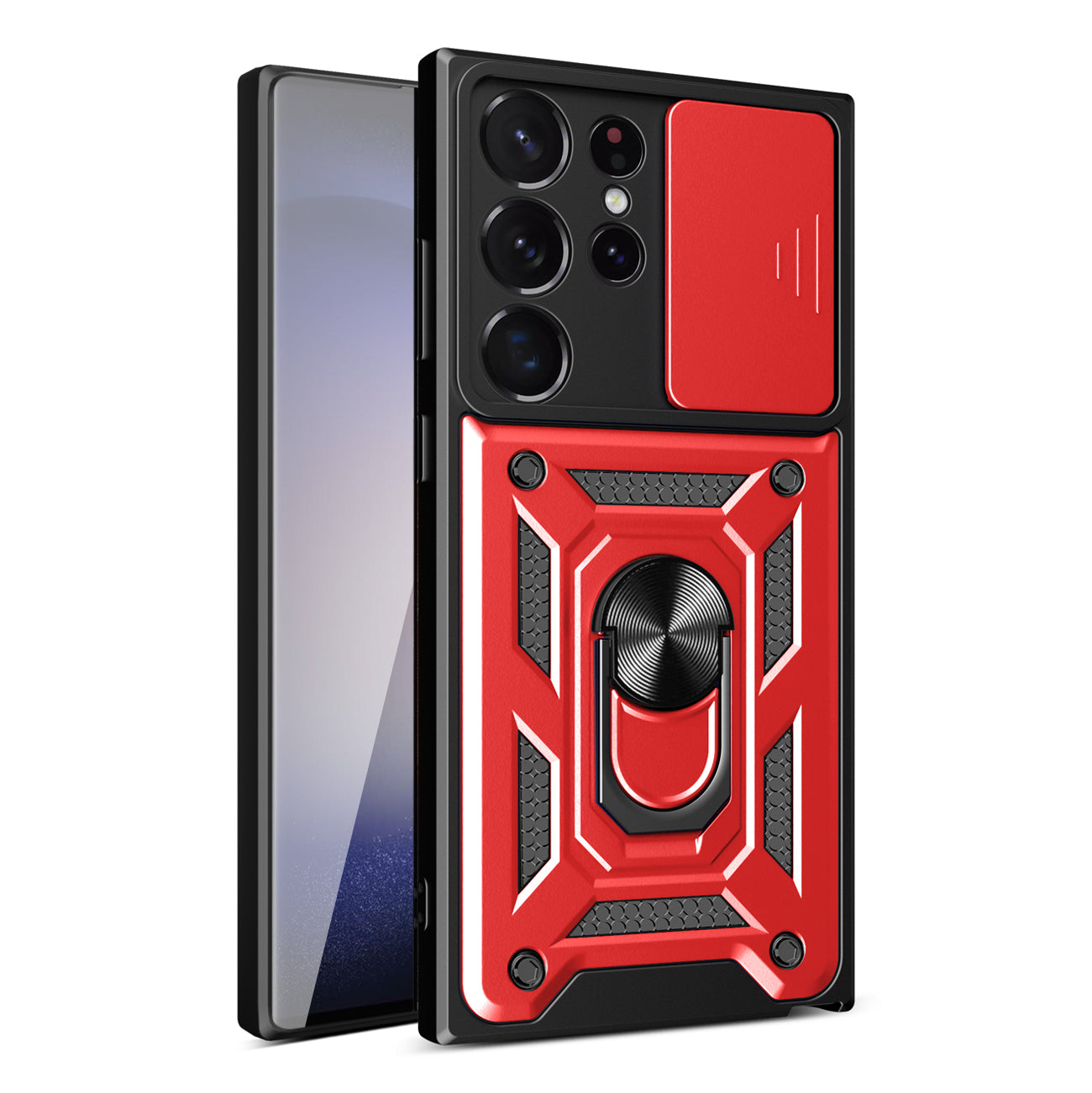 Kickstand Ring Holder with Slide Camera Cover TPU Magnetic Car Mount for GALAXY S23 ULTRA In Red