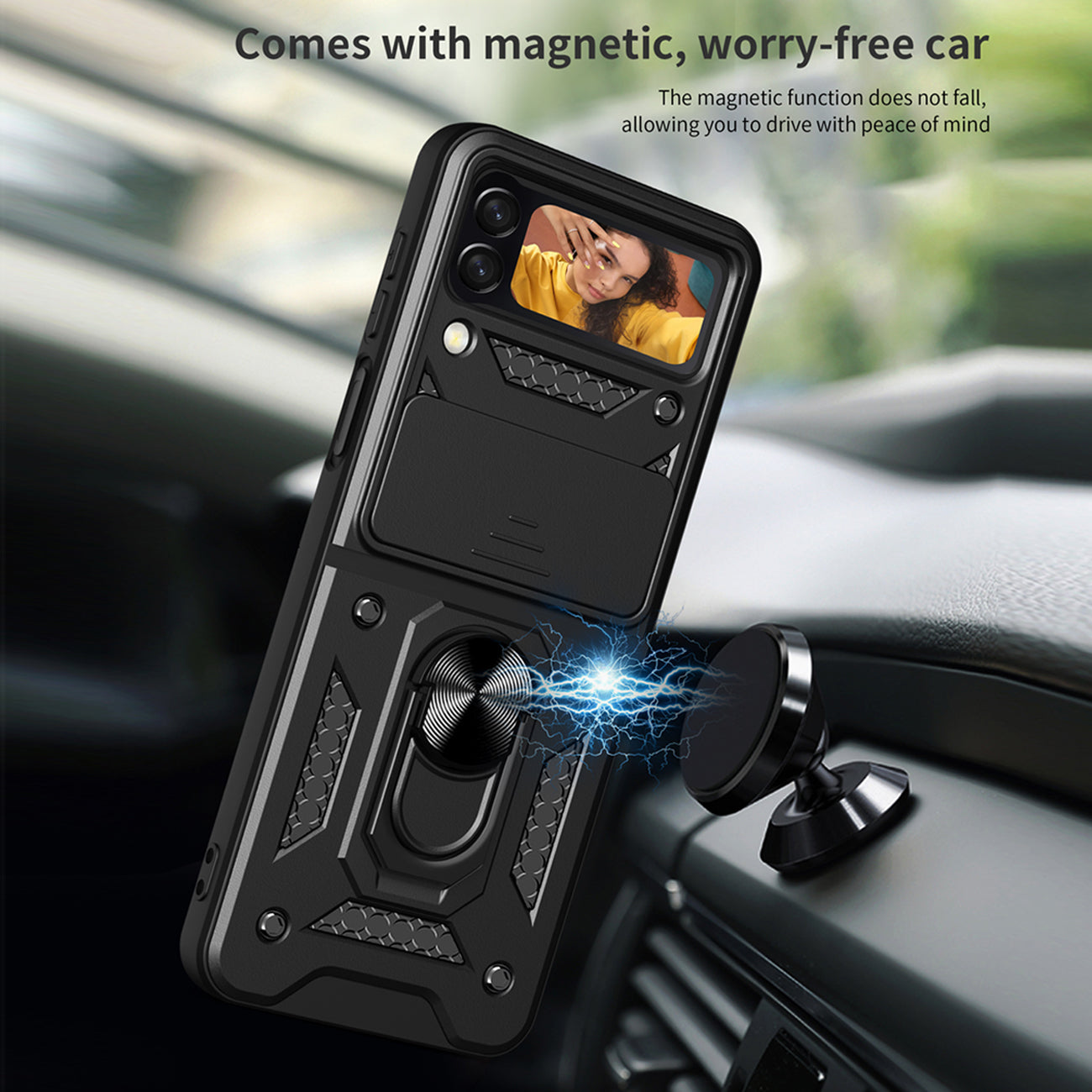 Kickstand Ring Holder TPU Magnetic Car Mount for SAMSUNG GALAXY Z FLIP 4 In Black