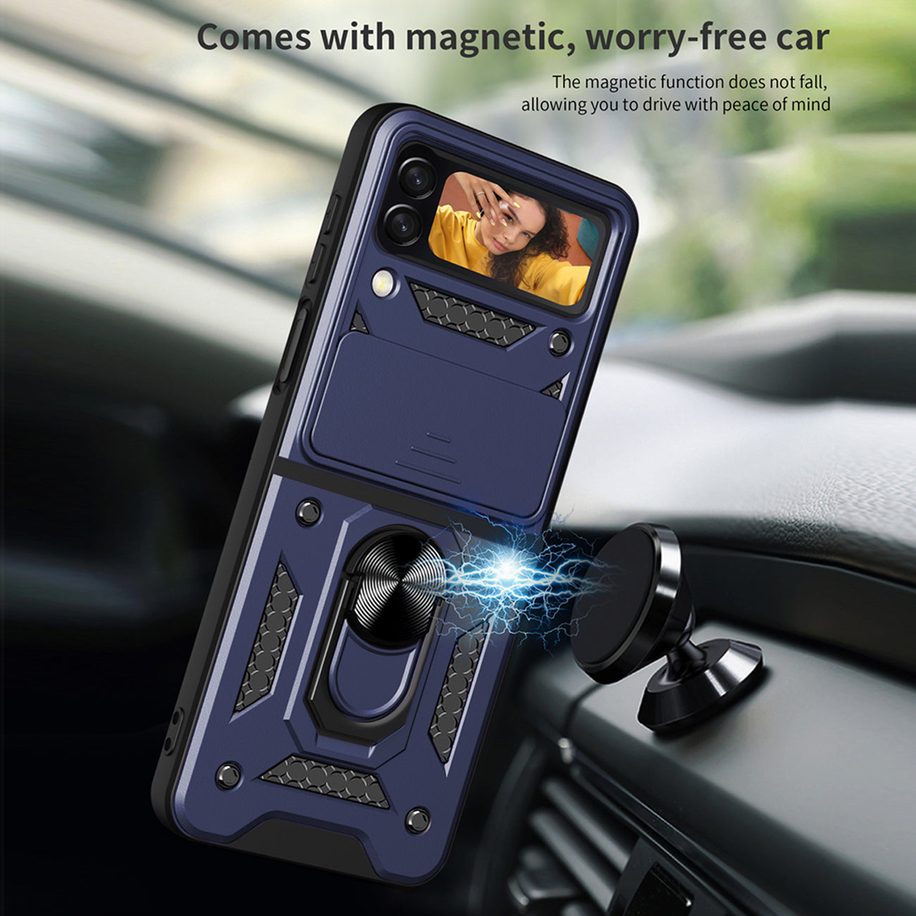Kickstand Ring Holder TPU Magnetic Car Mount for SAMSUNG GALAXY Z FLIP 4 In Blue