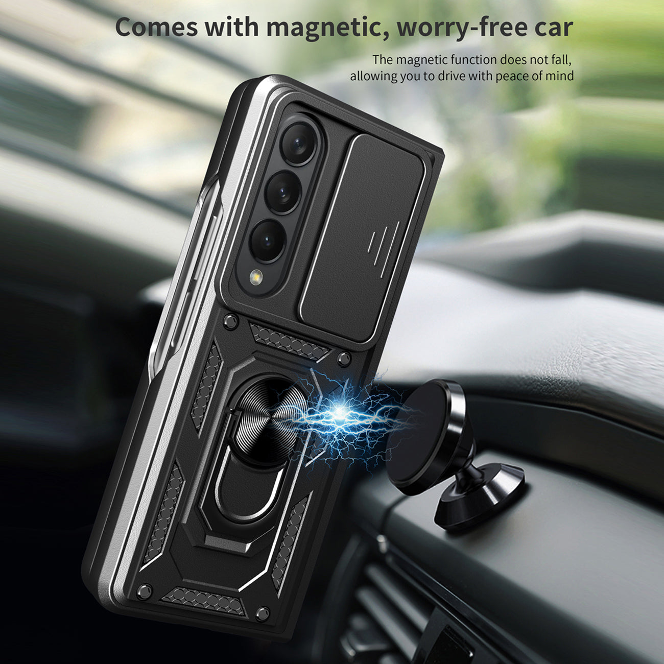 Kickstand Ring Holder TPU Magnetic Car Mount for SAMSUNG GALAXY Z FOLD 4 In Black