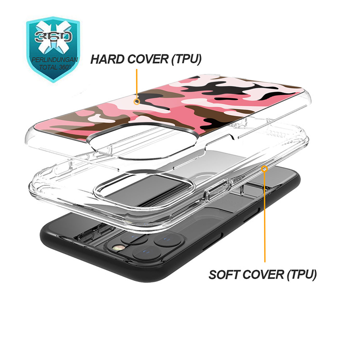 Camouflage Dual Layer Hybrid Hard & Soft TPU Rubber Case for IPH 12/IPH 12 PRO In Pink