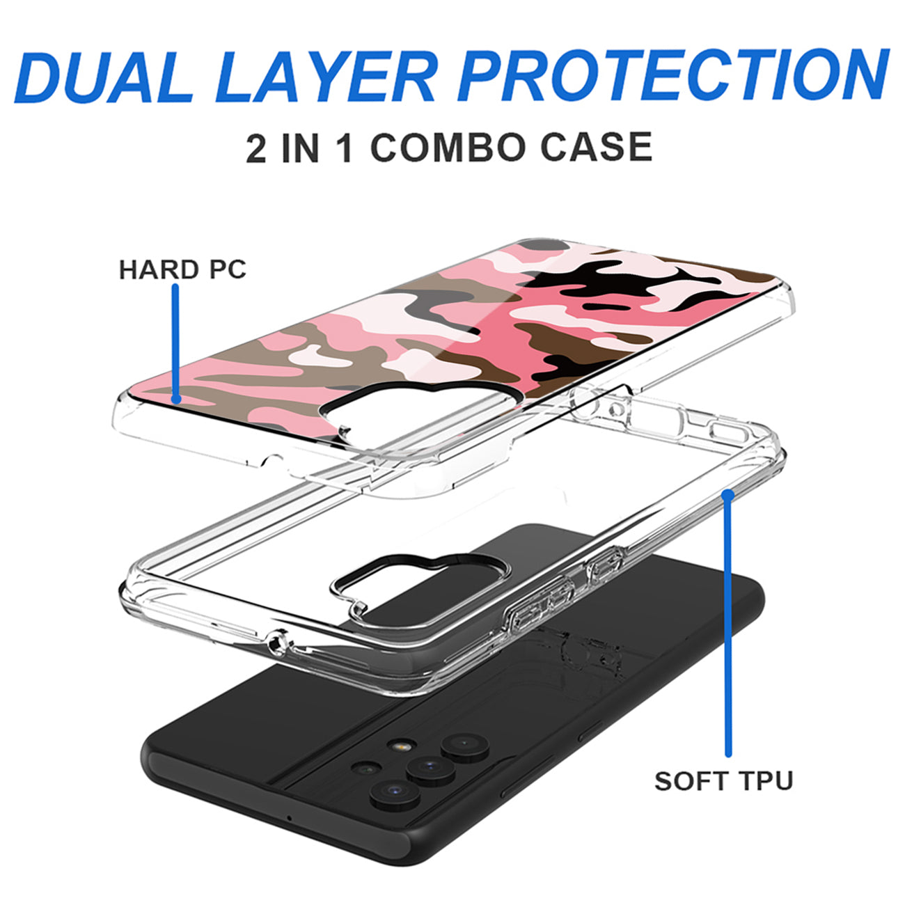 Camouflage Dual Layer Hybrid Hard & Soft TPU Rubber Case for SAMS GALAXY A32 5G In Pink