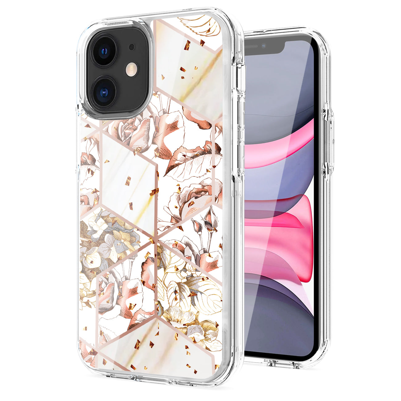 Flower Design Dual Layer Hybrid Hard & Soft TPU Rubber Case for IPH 11 In White Base Flower