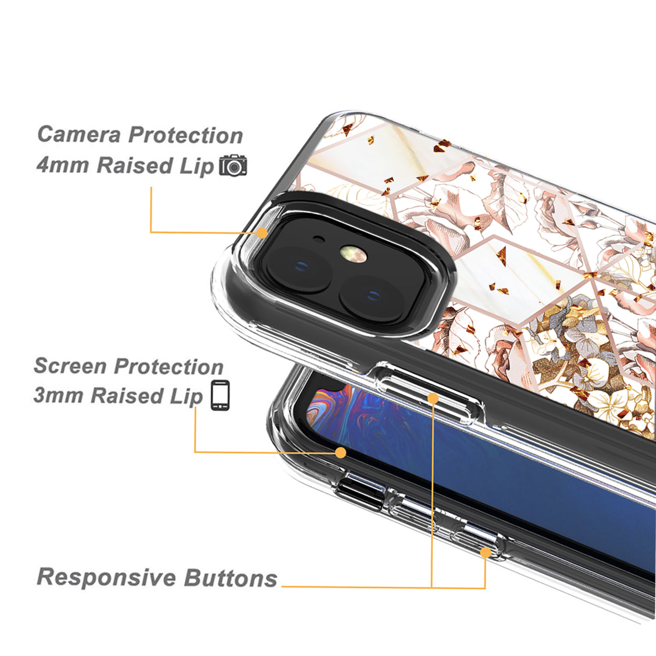 Flower Design Dual Layer Hybrid Hard & Soft TPU Rubber Case for IPH 11 In White Base Flower