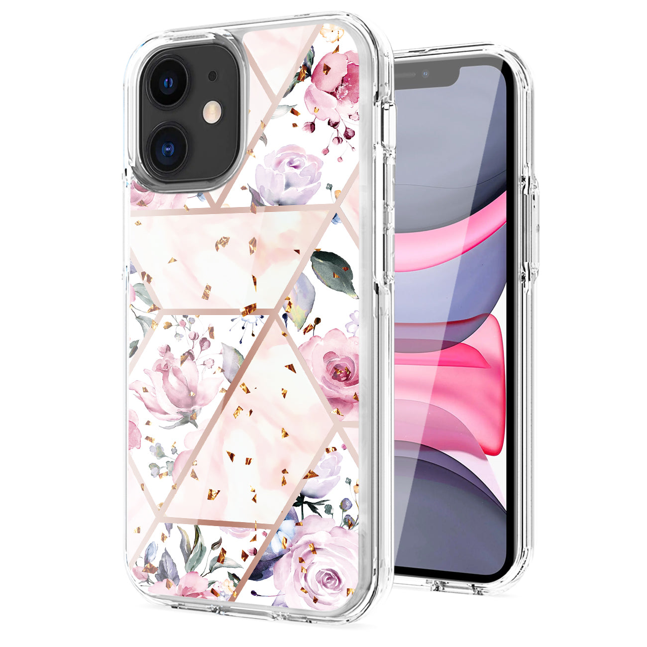 Flower Design Dual Layer Hybrid Hard & Soft TPU Rubber Case for IPH 11 In Pink Base Flower