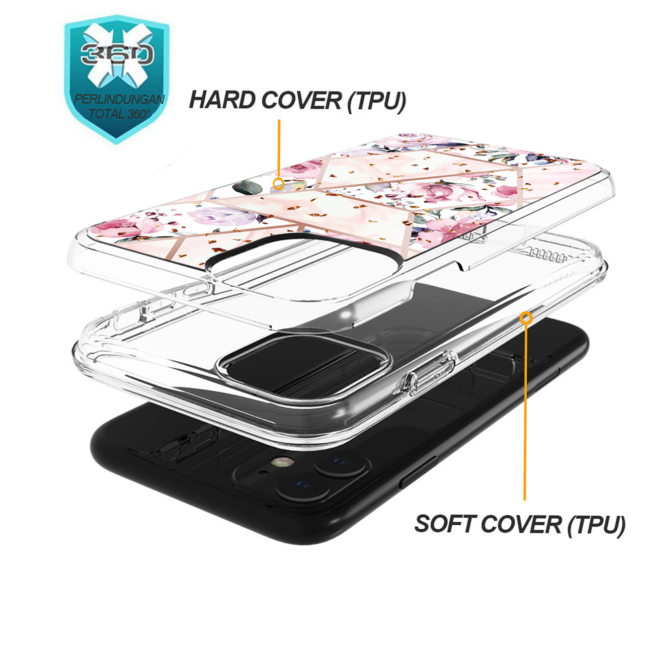 Flower Design Dual Layer Hybrid Hard & Soft TPU Rubber Case for IPH 11 In Pink Base Flower