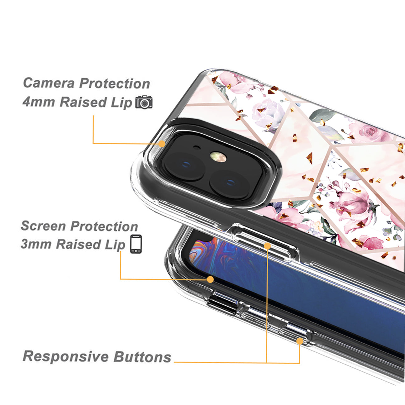 Flower Design Dual Layer Hybrid Hard & Soft TPU Rubber Case for IPH 11 In Pink Base Flower
