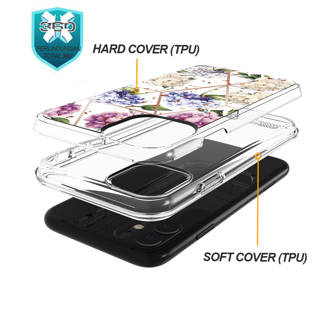 Flower Design Dual Layer Hybrid Hard & Soft TPU Rubber Case for IPH 11 In Light Purple Base Flower