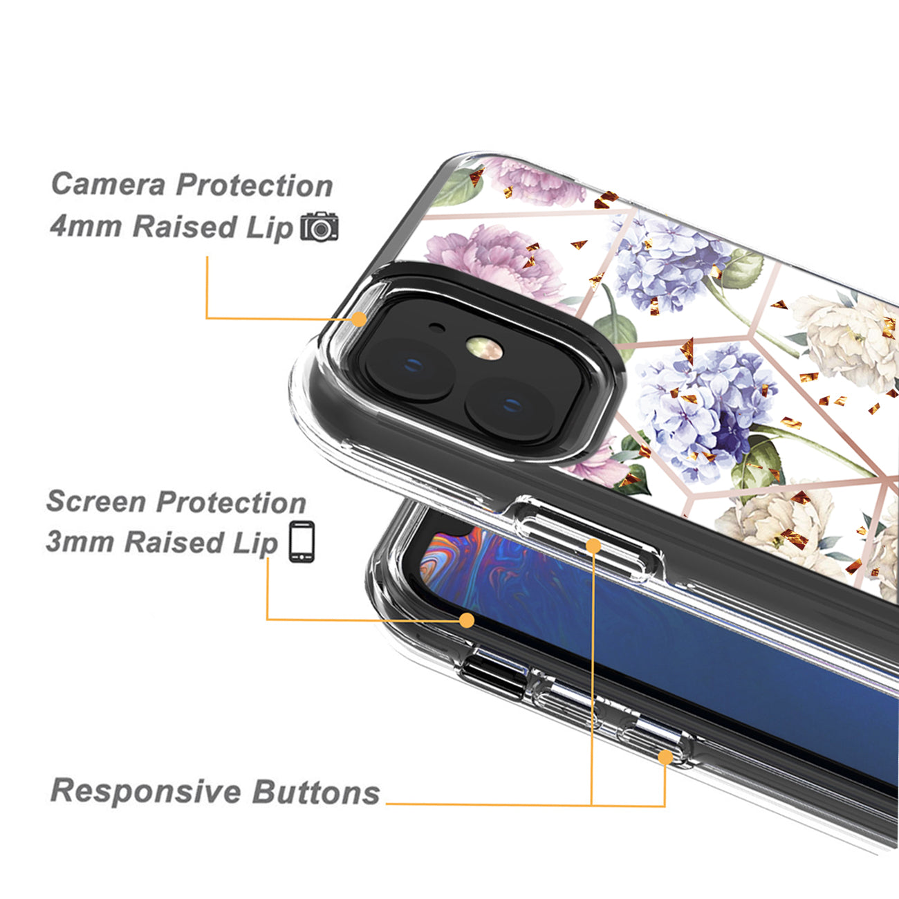 Flower Design Dual Layer Hybrid Hard & Soft TPU Rubber Case for IPH 11 In Light Purple Base Flower