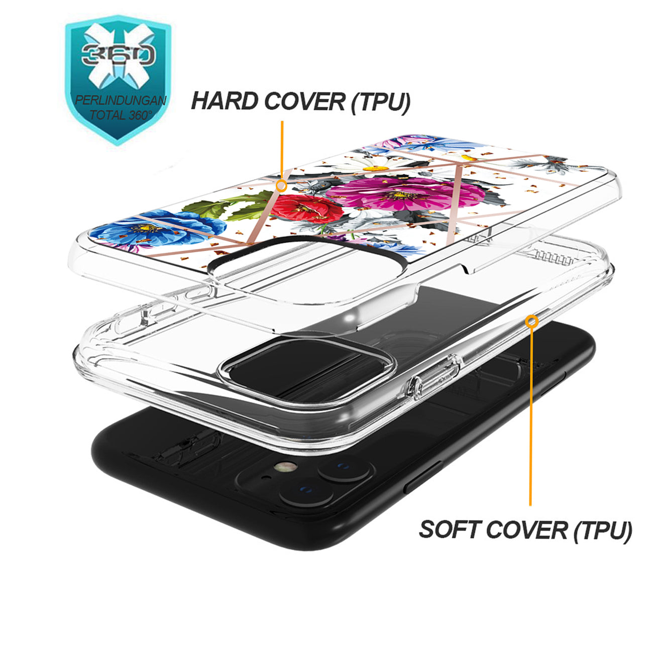 Flower Design Dual Layer Hybrid Hard & Soft TPU Rubber Case for IPH 11 In Blue Base flower