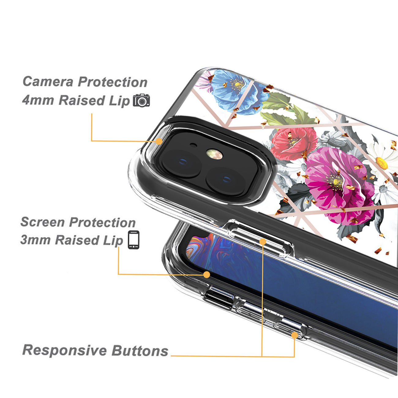 Flower Design Dual Layer Hybrid Hard & Soft TPU Rubber Case for IPH 11 In Blue Base flower