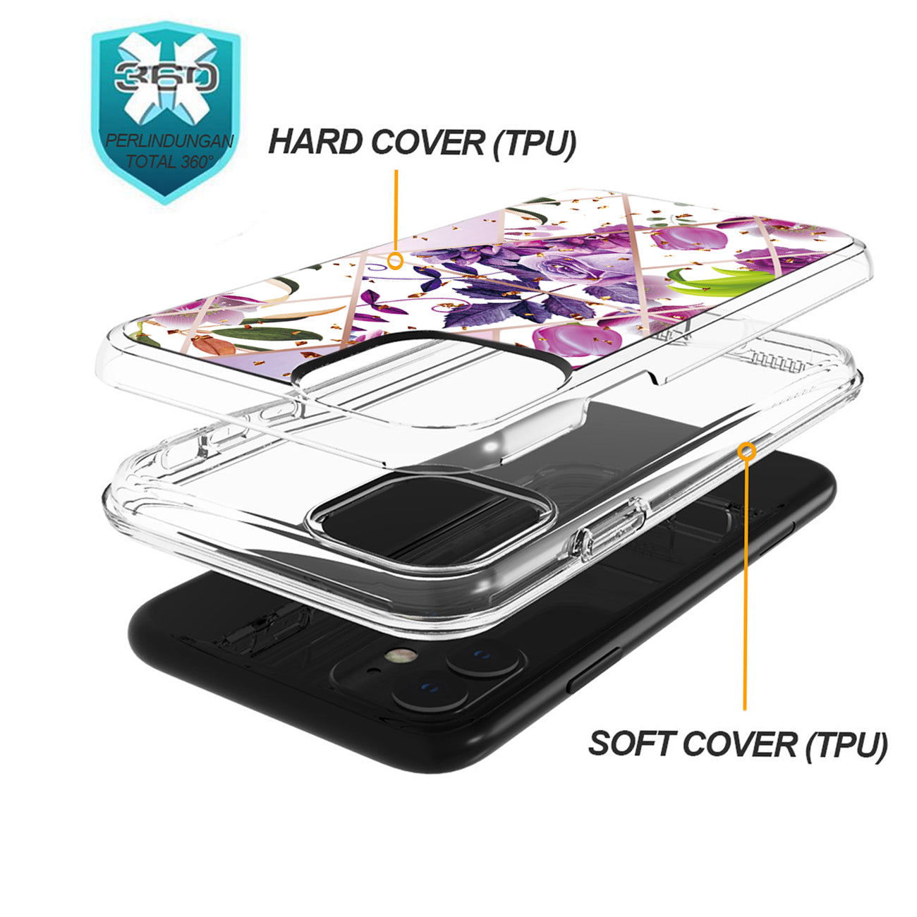 Flower Design Dual Layer Hybrid Hard & Soft TPU Rubber Case for IPH 11 In Purple Base Flower