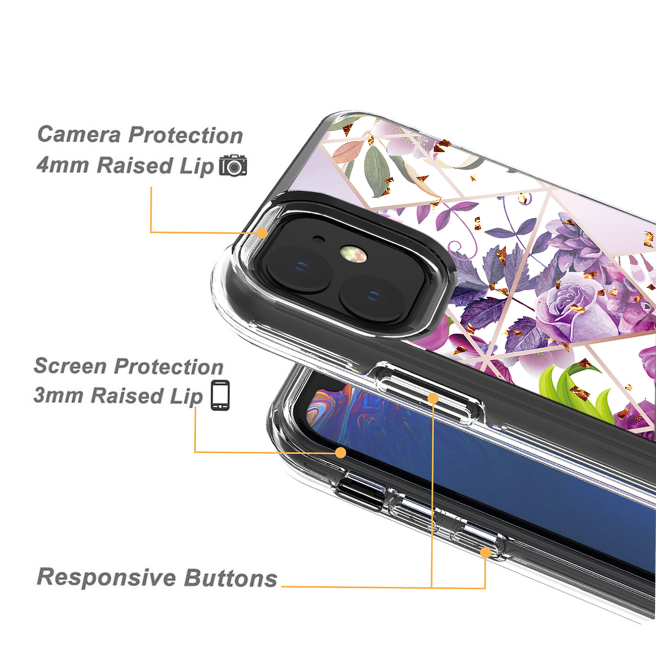 Flower Design Dual Layer Hybrid Hard & Soft TPU Rubber Case for IPH 11 In Purple Base Flower