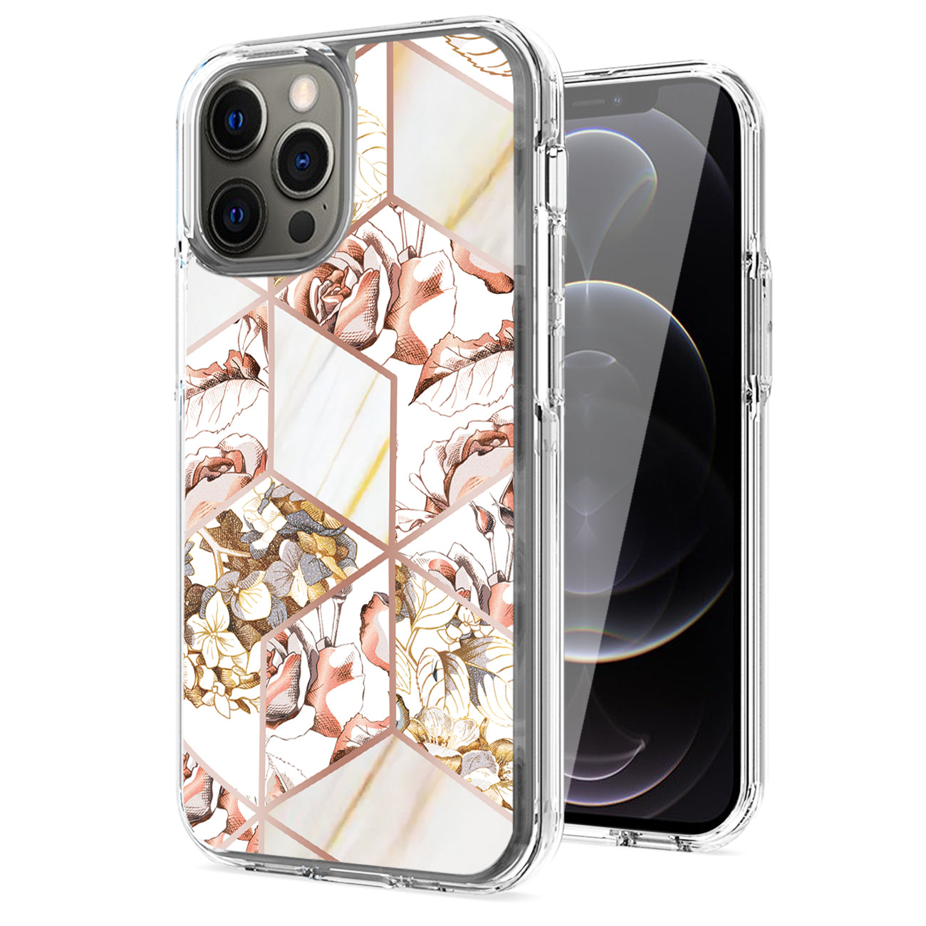 Flower Design Dual Layer Hybrid Hard & Soft TPU Case for IPH 12/IPH 12 PRO In White Base Flower