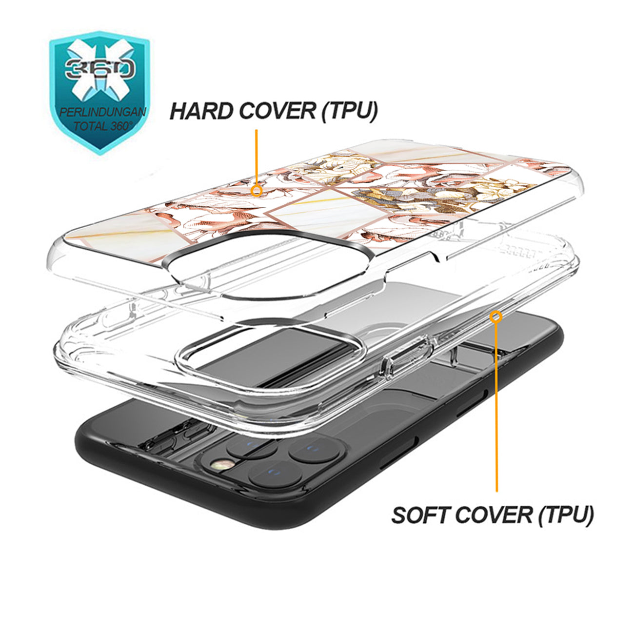 Flower Design Dual Layer Hybrid Hard & Soft TPU Case for IPH 12/IPH 12 PRO In White Base Flower