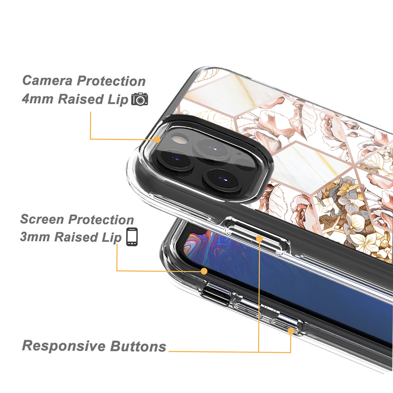 Flower Design Dual Layer Hybrid Hard & Soft TPU Case for IPH 12/IPH 12 PRO In White Base Flower